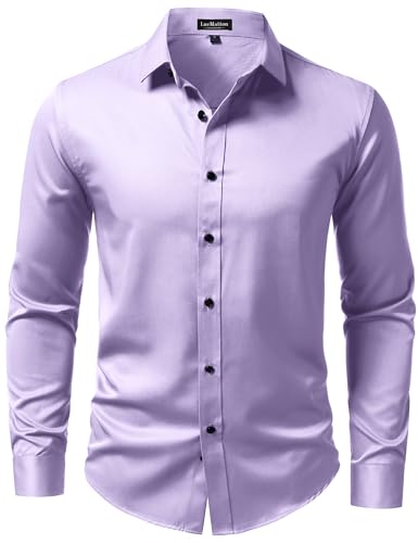 LucMatton Mens Long-Sleeve Button-Up Dress-Shirt Modern Slim-Fit Wrinkle-Free Wedding Formal Shirts Lavender Large