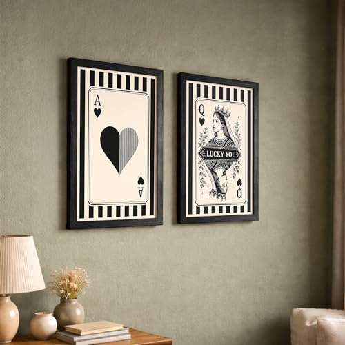 Image of NoWorries Ace & Queen of Hearts Playing Card Wall Art Set of 2, Black and White Casino Decor, Framed Poker Room Wall Decor, Minimalist Playing Card Prints, Modern Game Room Artwork for Living Room (Art-14, 13x19inch)