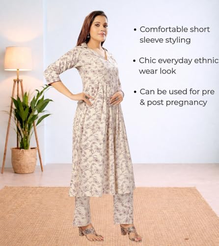 Image of Momenta Women's Pure Cotton Maternity Kurta Set | Feeding Kurti with Concealed Zippers | Maternity Dress for Pre & Post Pregnancy