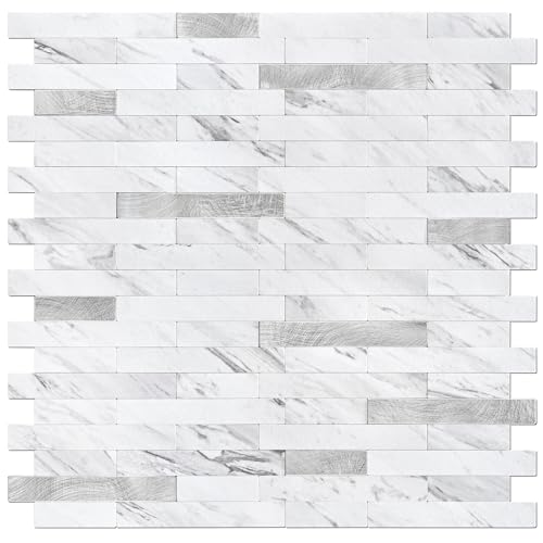 STICKGOO Peel and Stick Backsplash Tile, Stick on Backsplash for Kitchen and Bathroom, Volakas White Look PVC Mixed Metal Silver Self Adhesive Wall Tiles(Sample) 1 Volakas White with Metal S