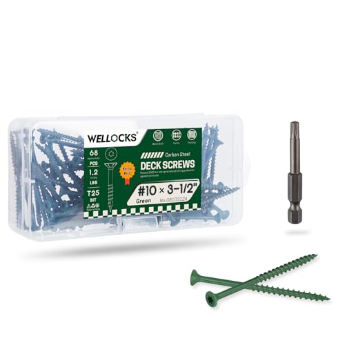 Image of WELLOCKS #10 x 3-1 /2 in Green Deck Screws, 1.2 lbs with T25 Bit | Long Coated Wood Screws for Outdoor Decks, Fences, Posts, Framing, and Pressure Treated Lumber.