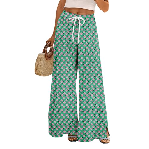 Image of Ladies Trousers Elasticated Waist, Palazzo Pant for Women High Waist Floral Casual Flowy Wide Leg Summer Pants Green XL