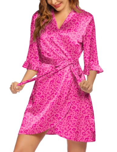 Image of Ekouaer Women's Satin Robe Valentines Lingerie for Women Kimono Bathrobe Short Ruffle Belted Robes Bridesmaids Sleepwear