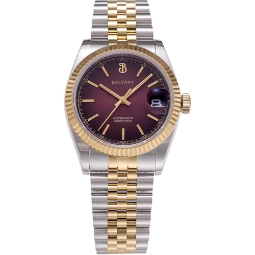 Baltany S4084 Dress Watch for Men NH35 Movement Retro 36MM Automatic Wristwatch with Fluted Bezel (Burgundy Dial)