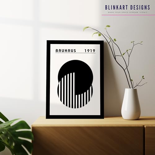 Image of BLINKART Vintage Bauhaus Retro Geometric Aesthetic Poster Gallery | Colorful Wrap Framed For Home Office Studio Living Room Modern Art Studio Decoration Abstract Shapes | (d154) | 13x10 Inch