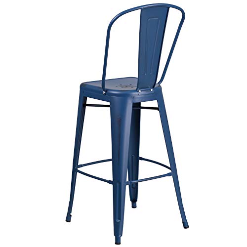 Bizchair 4 Pack 30" High Distressed Antique Blue Metal Indoor-Outdoor Barstool With Back #TOP7