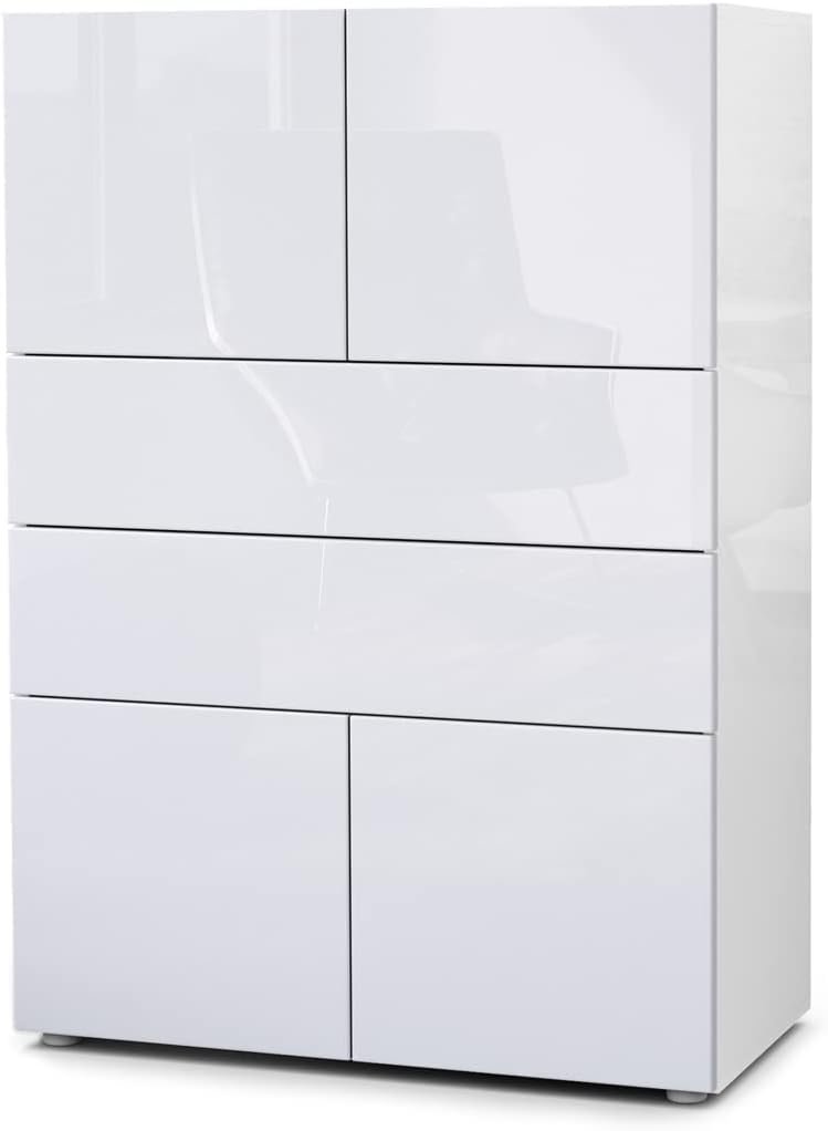 Buffet Faro Design – Corps Noir Mat, Façades Blanc Brillant – 2 Portes, 4 Tiroirs (139x72x35 Cm)