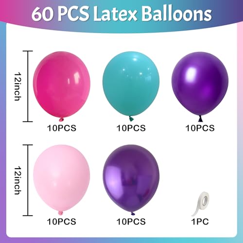 Image of Jobkoo Pink Purple Blue Balloons 60 PCS Metallic Purple Teal Hot Pink Party Latex Balloon with Confetti Balloons for Girls Princess Birthday Baby Shower Wedding Bachelorette Neon Party Decorations