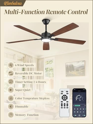 Image of Fanbulous 60 Inch Ceiling Fans with Lights and Remote, Stepless Color Temperature Change & Dimmable 20W LED Ceiling Fan, 6 Speeds Reversible Quiet DC Motor for Bedroom, Living Room, Apartment,Black