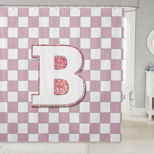 Image of Erosebridal Pink Initial B Shower Curtain 72 inch Wx84 L Kawaii Plaid Checkered Bathroom Curtain Cute Personalized Monogram Bathroom Accessories for Kids Girls,Fashion Grids Gingham Shower Decor