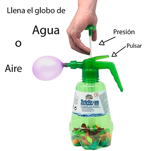 LACOSVI Botella Inyectora Para Llenar Globos De Agua Super Rápido Incluye 200 Globos de Agua en el Hinchador Fabricados en España Biodegradables (Botella + 200 globos)