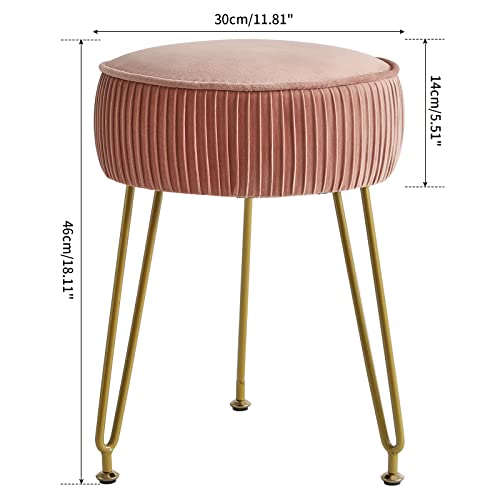 IBUYKE Samt Runde Fußstütze Hocker Ottoman, Make-up Eitelkeits Beistelltisch, Samt Ankleidetisch Sitz, Pouf Couch Hocker, goldene Stahlbeine, rosa L/G-30P