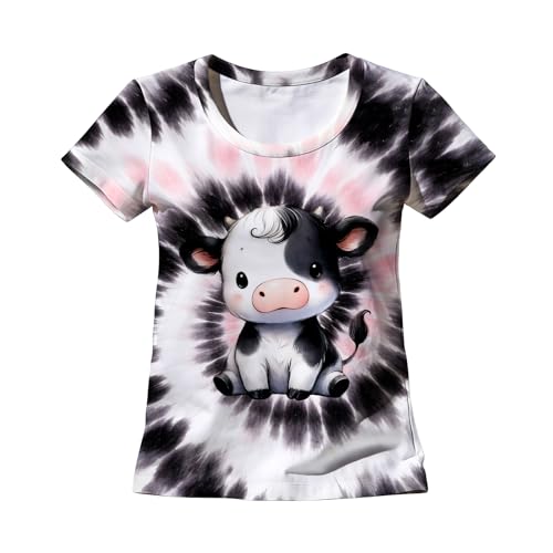 DZCKBRU Womens Pink and Black Tie Dye Shirt Cow T Shirts Short Sleeve Crewneck Animals Graphics Tee Tops Small
