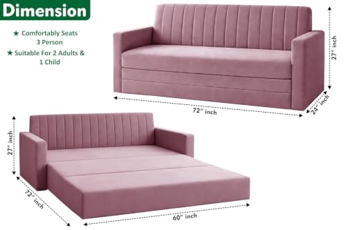 Image of Armrest Modern Three Seater Sofa Cum Bed Velvet Fabric Couch for Living Room, Space Saving Foldable Sleeper Sofa, (Rose Pink-Color)