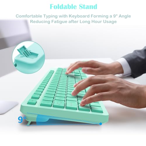 LeadsaiL Wireless Keyboard and Mouse Set, Full Size Ergonomic Design, UK Layout, Two-Tone Design, Noiseless Click, 12 Multimedia Shortcuts, Compatible with Windows/Mac PC Laptop - Mint Green - Image 3