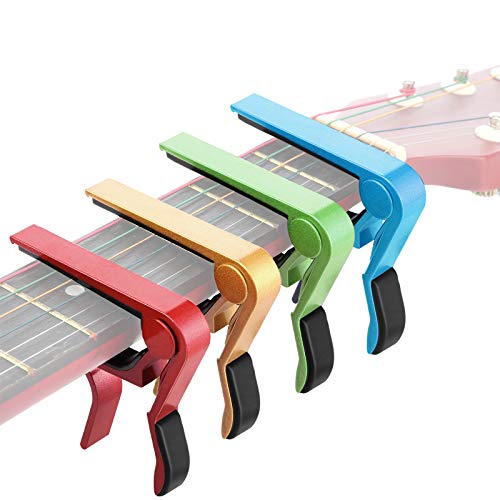 4 Pieces Guitar Capo Aluminum Metal Universal, Acoustic and Classical Electric Guitars, Bass, Banjo, Violin, Mandolin, Ukulele All Types Lightweight String Instrument (Gold, Red, Green, Blue)