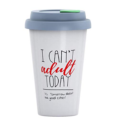 Ceramic Travel Coffee Mug with Lid (12 oz) - I Can't Adult Today - Funny Mug - Gift Idea for Office, Co-Workers, Boss, Friends or Family - Double Wall Ceramic - BPA-Free Lid - Dishwasher Safe.