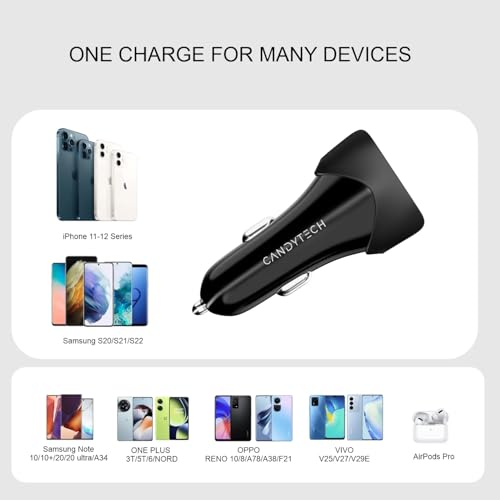 Image of Candytech CC-15 Black Durable Dual USB Output High Performance Car Charger with Type C Cable | Compatible with All Smartphones