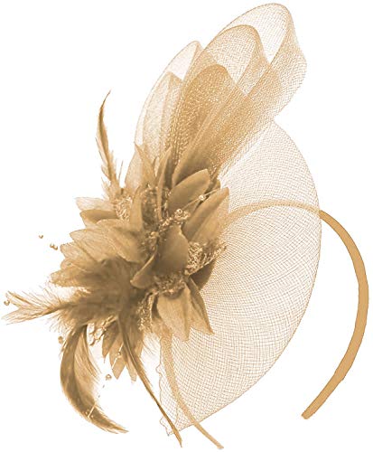 Caprilite Beige Champagne Gold Fascinator Headband Flower Wedding Ascot Races Net Hat Feathers
