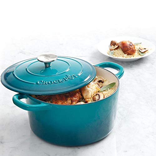 Image of Crock-Pot Artisan 5-Quart Round Enameled Cast Iron Dutch Oven - Teal Ombre, Durable Heavy-Duty Cookware for Slow Cooking, Roasting, Baking with Lid