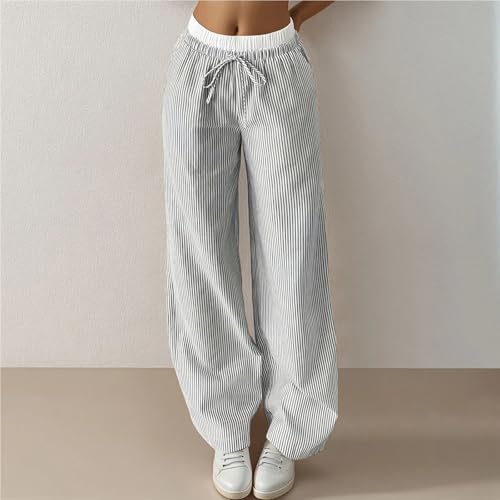 Women's Linen Wide Leg Pants Casual High Waist Striped with Pockets Daily Fit Jogging Sweatpants Petite Body Pants2