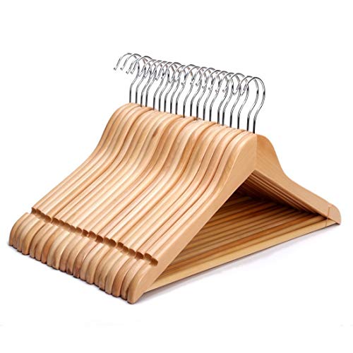 JPN 20 Pack Premium Strong Wooden Coat Hangers with Round Trouser Bar and Shoulder Notches Ideal For Suits, Trousers, Skirts, Shirts and Blouses Natural Finish