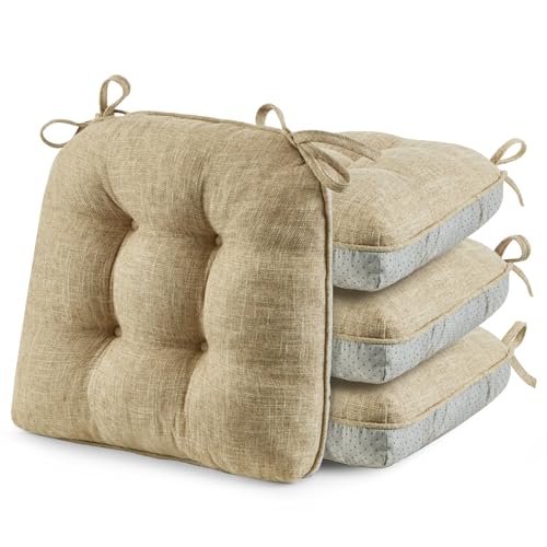 Cushions For Dining Chairs, Tufted Memory Foam Chair Pads With Non-slip Backing, Kitchen Seat Cushions With Ties, Washable Seat Pad Set Of 4, 15.5" X 15.5" X 4", Khaki