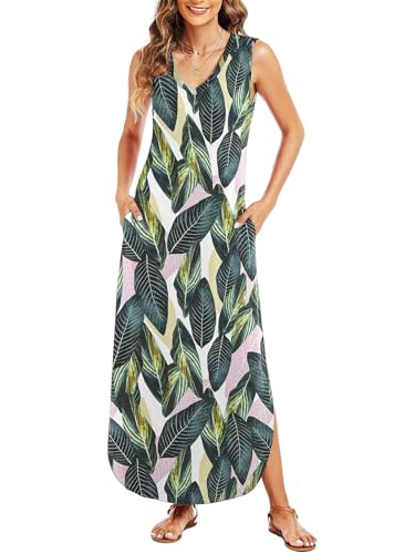 Image of Arolina Maxi Dress for Women Tropical Summer V Neck Sleeveless Split Long Beach Dresses Casual Loose Sundress with Pockets
