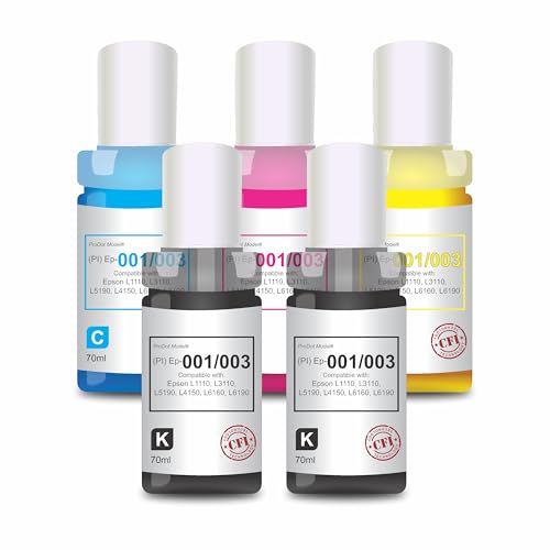 Image of ProDot ProSeries Ep 001 /003 Inkjet Ink Refill Compatible with Epson L1110, L1455, L3100, L3101, L3110, L3150, L4150, L4160, L5190, L6160, L6170, L6190 Ink Tank Printers (70 ml CMYKK)