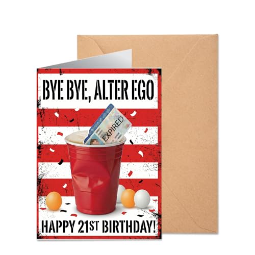 SHSEEN Funny 21st Birthday Card for Him Her, 5x7 Thick 300gsm Fake ID Greeting Card, Bye Bye Alter Ego Finally Legal Joke Gift for Best Friend, Red Cup Beer Pong Theme