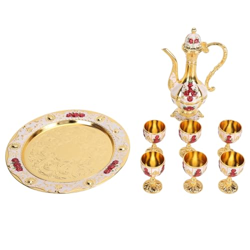 Restokki Vintage Zinc Alloy Wine Pot Set Exquisite Carving Coffee Pot Tray Kit for Home Party Decoration (Gold White Red)