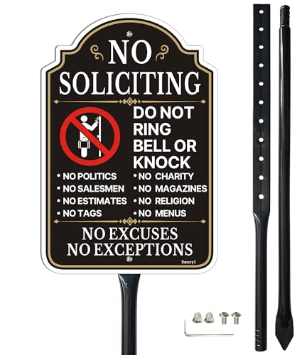 Smeryl No Soliciting Do Not Ring Bell Or Knock Sign with 34.6 Stake for Yard, 12” x 8” No Soliciting Sign for House, Rust-Free Aluminum, Weatherproof, Easy Installation, 1 Pack