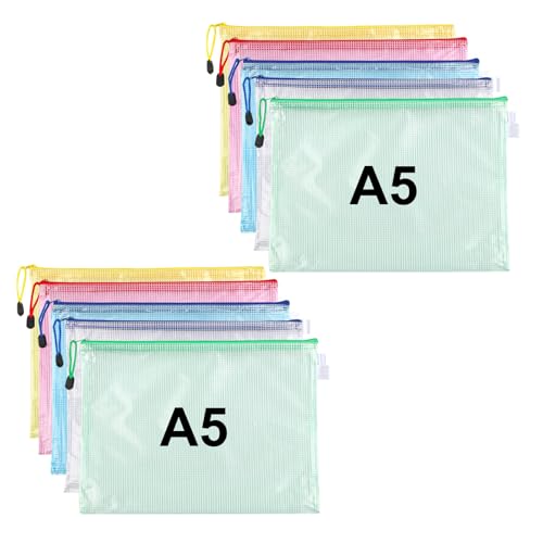 10 Stück Dokumententasche A5, Reißverschlusstasche Wasserdichte Mesh Dokumententaschen,Reißverschlussbeutel für Bürobedarf,Schulmaterial,Dokumente Case,Papier,Quittungen,Kosmetika,5 Farben