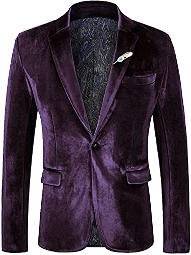 WEEN CHARM Velvet Blazer for Men Slim Fit One Button Sport Coat Tuxedo Jacket for Prom Wedding Party Dinner Purple