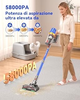 Huhuba H9 Aspirapolvere Senza Fili Potente 58000Pa/650W/80Min, Scopa Elettrica Senza Filo con Display Touch LED, Autoportante Anti-Groviglio per Peli Animali, Moquette e Pavimenti Duri, Blu