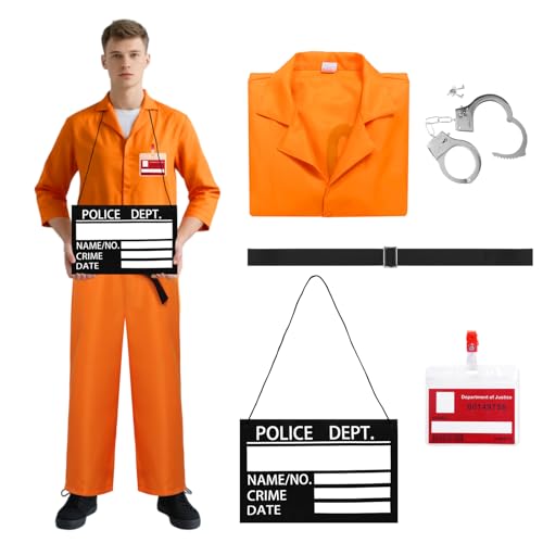 Kicpot Prisoner Costume Men Women Orange Prison Inmate Jumpsuit Outfit Jail Criminal Costume Adult...