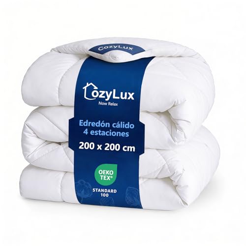 CozyLux Edredon Cama 105, Edredon Cama 200x200 cm, Relleno Nordico 300 gr/m² 100% Microfibra, con 4 Presillas en Las Esquinas, para Invierno y Otoño, Cálido, Lavable a Máquina, 200 × 200, Blanco