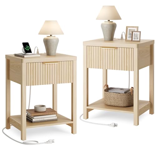 Lulive Night Stand Set 2, Fluted Nightstand with Charging Station, Wood Modern Bedside End Table...