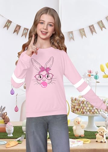 LAZYCHILD Kids Easter Shirt Girls Happy Easter Shirts Rabbit Graphic Long Sleeve Striped Tee Tops 5-14 Years3