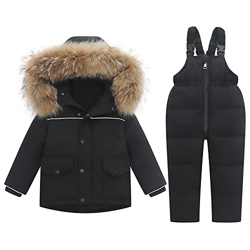 DINGDONG'S CLOSET Baby Tollder Kid Boy Girl Winter Hooded Fur Down Parka Puffer Jacket+Snow Bibs 2-Piece Snowsuit Skisuit Set(Black,3-4T)