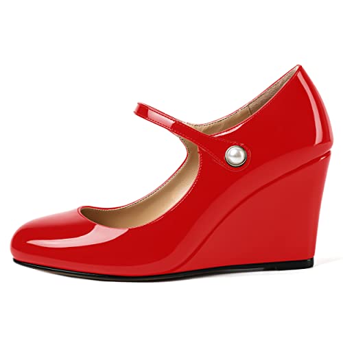 ROSERWISH Womens Ankle Strap Party Patent Fashion Sexy Round Toe Wedge High Heel Pumps Dress Shoes 3.5 Inch2