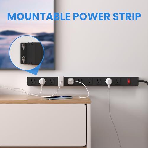 Image of 10 Outlet Power Strip 6FT Long Extension Cord Heavy Duty Power Strip Wall Mount Outlet Metal for Kitchen,Office,School,Garage,Workshop,Industrial,125V /15A /1825W,Black(6FT)