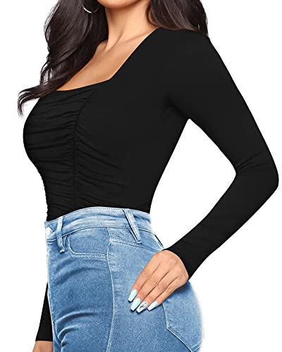 Image of MANGOPOP Womens Square Neck Ruched Double Lined Long Sleeve Bodysuit Tops Jumpsuit, Black, Large