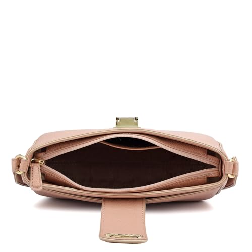 Image of Da Milano Women's Leather Shoulder Bag - Pink | Genuine Leather Handbag with Gold Hardware, Broad Shoulder Strap & Secure Clasp Lock | Elegant Everyday Purse