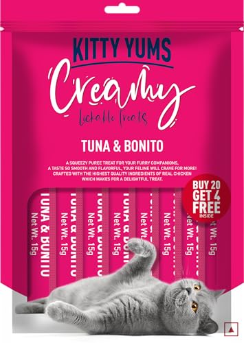 Image of Kitty Yums Kitten & Adult Creamy Lickable Cat Treats Tuna & Bonito 360g (15g x 24 Pieces) | Rich in Protein | Taurine for Heart & Vision | Ideal for Training and Bonding | Promotes Hydration
