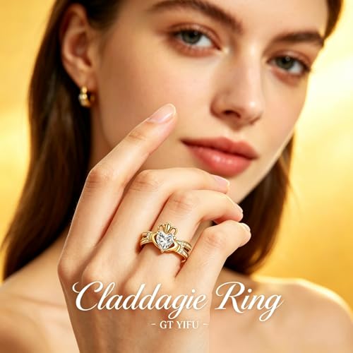 Gold Claddagh Ring for Women, 18K Gold Irish Ring For Women, Non Tarnish Ring For Women, Promise Ring with 6.5mm Heart Simulated Diamond, Engagement, Proposal Ring (Gold, 6) by GT YIFU - Used condition - Image 3