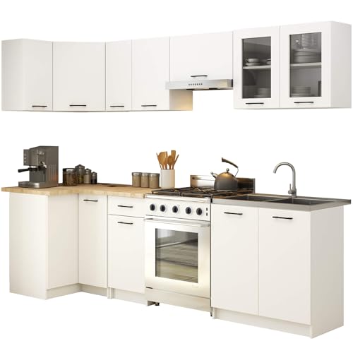 AKORD | Set di Mobili da Cucina Olivia 3m | Cucina Completa Piccola | Componibile | su Misura 46 x 300 x 203 cm | Per un design moderno e Tradizionale | Bianco