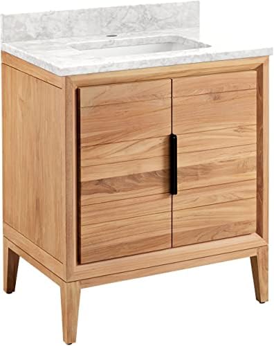 Signature Hardware 459157 Aliso 30" Free Standing Single Vanity Cabinet Set with Wood Cabinet, Vanity Top and Rectangular Undermount Sink - Single Faucet Hole - Natural Teak/Carrara