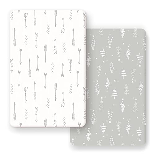 Image of GRSSDER Stretchy Ultra Soft Jersey Knit Fitted Pack n Play Sheets Set 2 Pack, Portable/Mini Crib Sheets, Christmas Trees and Arrows for Girls and Boys