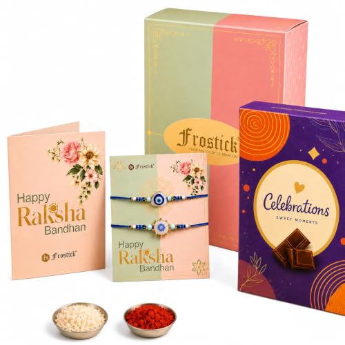 Frostick Rakhi Combo for Brother with 2 Evil Eye Rakhis Chocolates Roli Chawal Greeting Card and Gift Box Ideal for Raksha Bandhan Festival Gifting